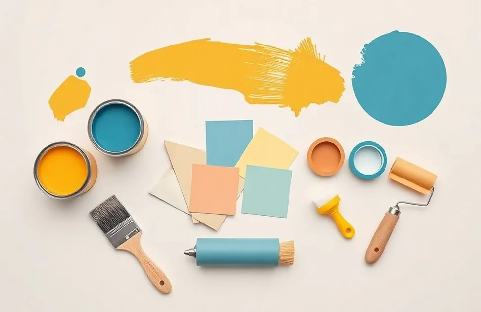 Pots de peinture, nuancier, brosses et rouleaux disposés à plat