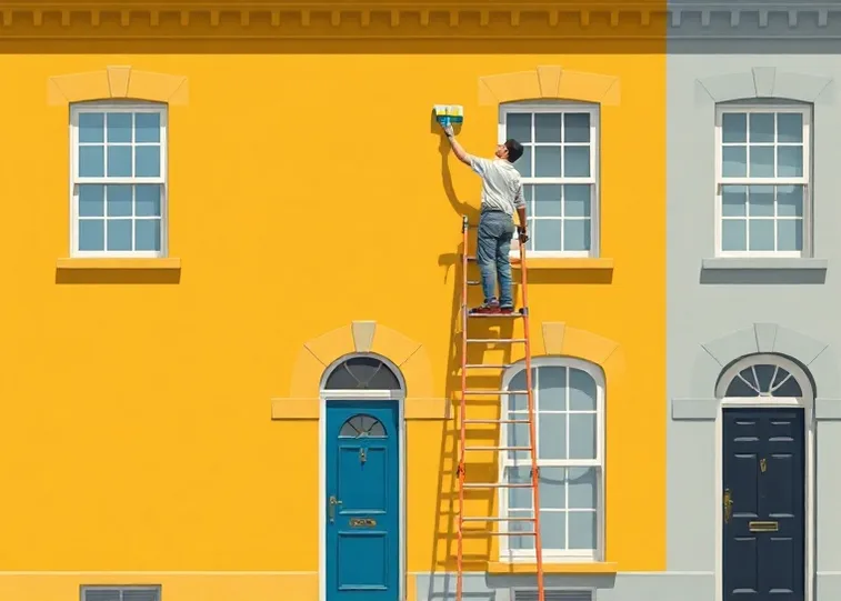 Peintre sur échafaudage traitant la façade d'une maison