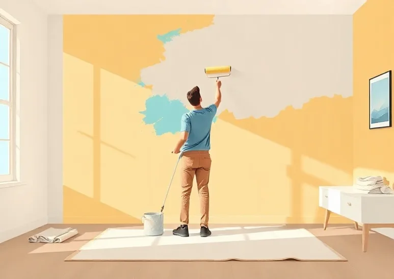 Peintre appliquant la peinture au rouleau sur un mur de salon